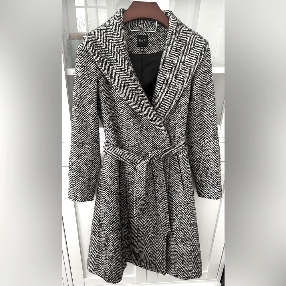 Vtg Saks 5th Ave Black Label Herringbone Wool Blend Belted Coat (Like New)